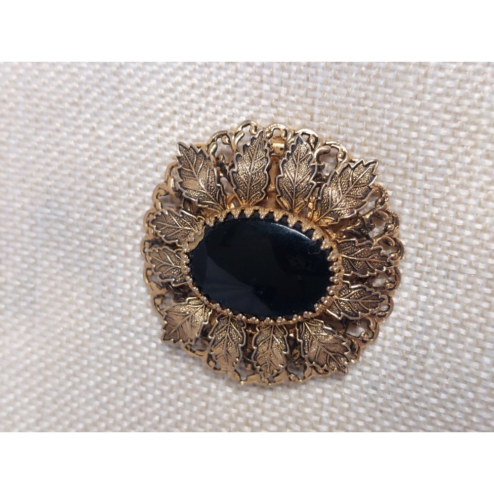 Black Cabochon Brooch Pendant Convertible Pin Faux Onyx Leaf Vintage Gold Tone - Picture 6 of 9